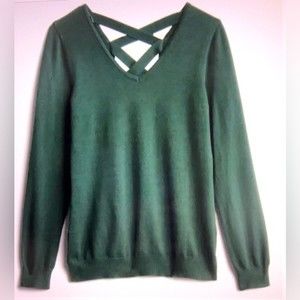 Women's Love Ellie Green V Neck Lattice Back Sweater Size1X